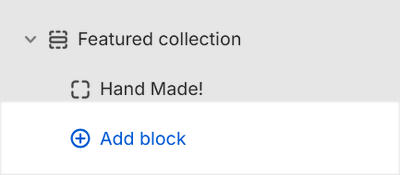 The Featured collection's Add block menu in Theme editor.