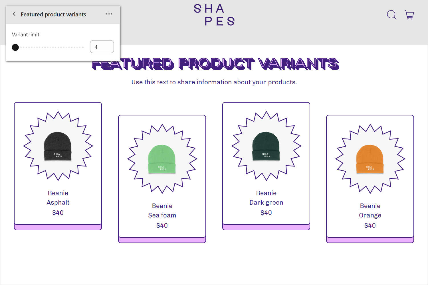 A Featured product variants section on an example store's home page page.