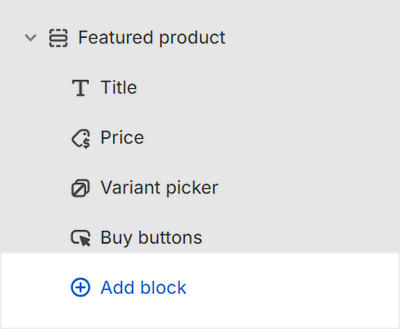 The Featured product's Add block menu in Theme editor.