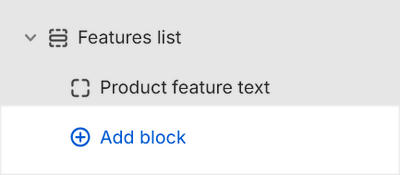 The Features list's Add block menu in Theme editor.