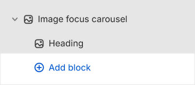 The Image focus carousel's Add block menu in Theme editor.