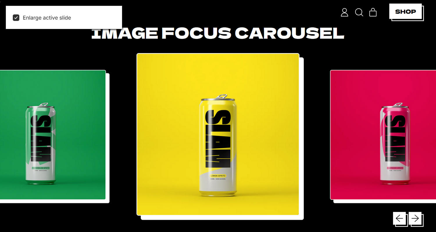 A Image focus carousel section on a store's home page in Theme editor.