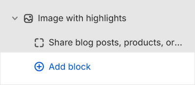 The Image with highlights's Add block menu in Theme editor.