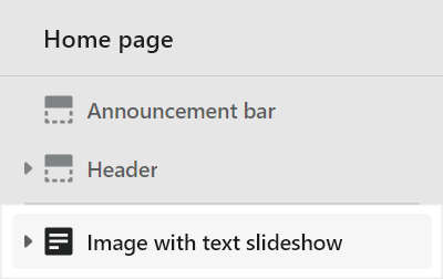 The Image with text slideshow section selected in the Theme editor side menu.