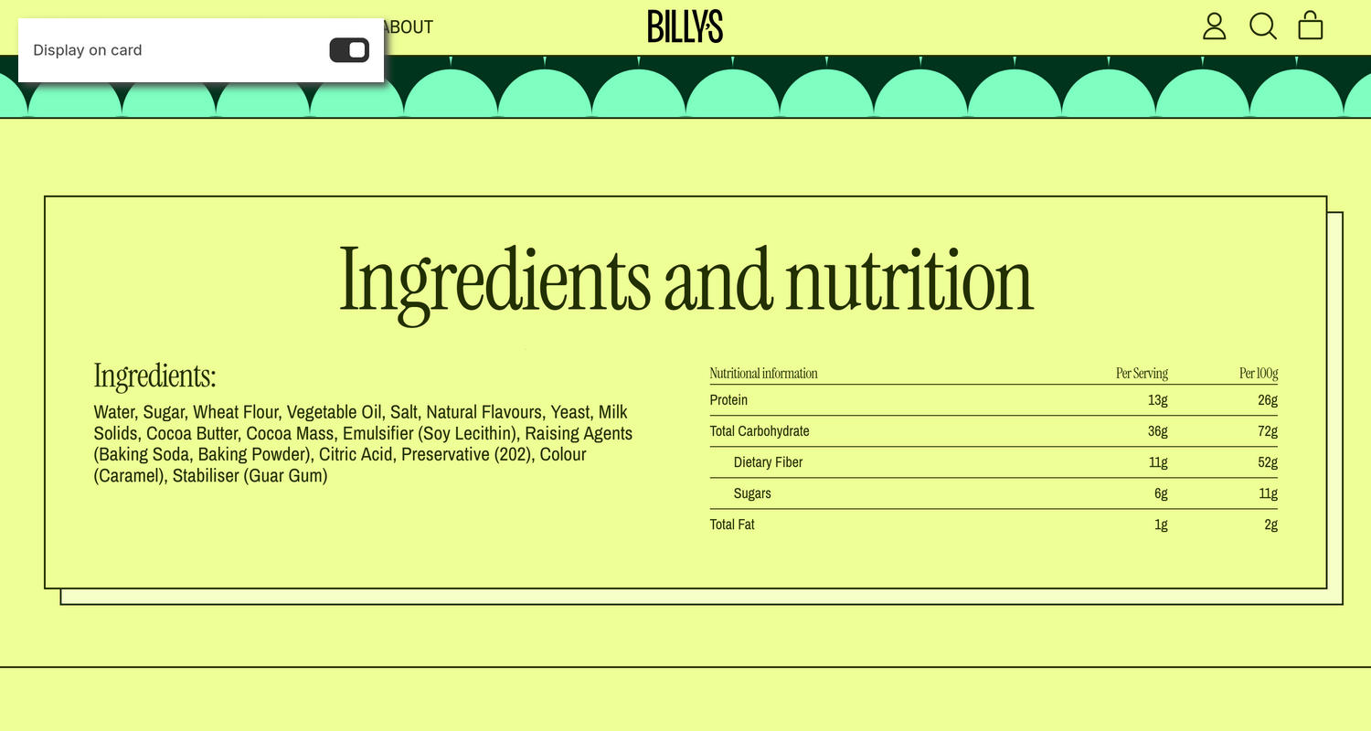 An Ingredients and nutrition section on a store's home page in the Theme editor.