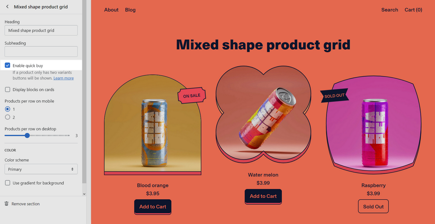 An example Mixed shape product grid section selected on a store's homepage.