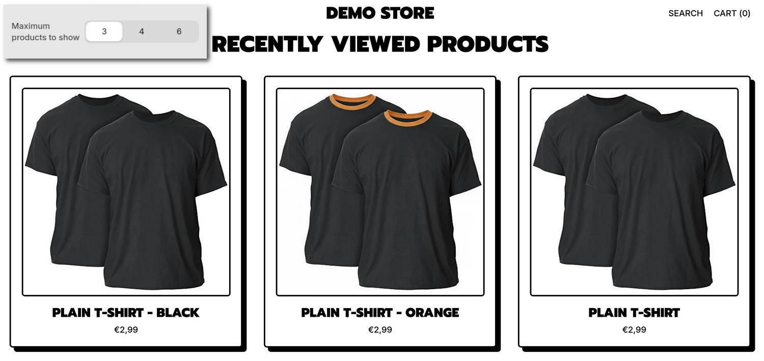 A Recently viewed products section on a store's home page in the Theme editor.