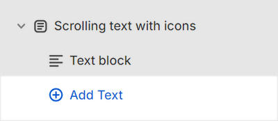 The Scrolling text with icons's Add block menu in Theme editor.