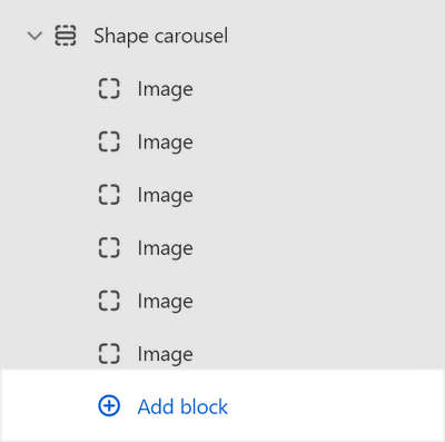 The Shape carousel's add block menu in Theme editor.