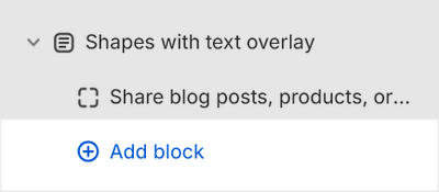 The Shapes with text overlay's Add block menu in Theme editor.