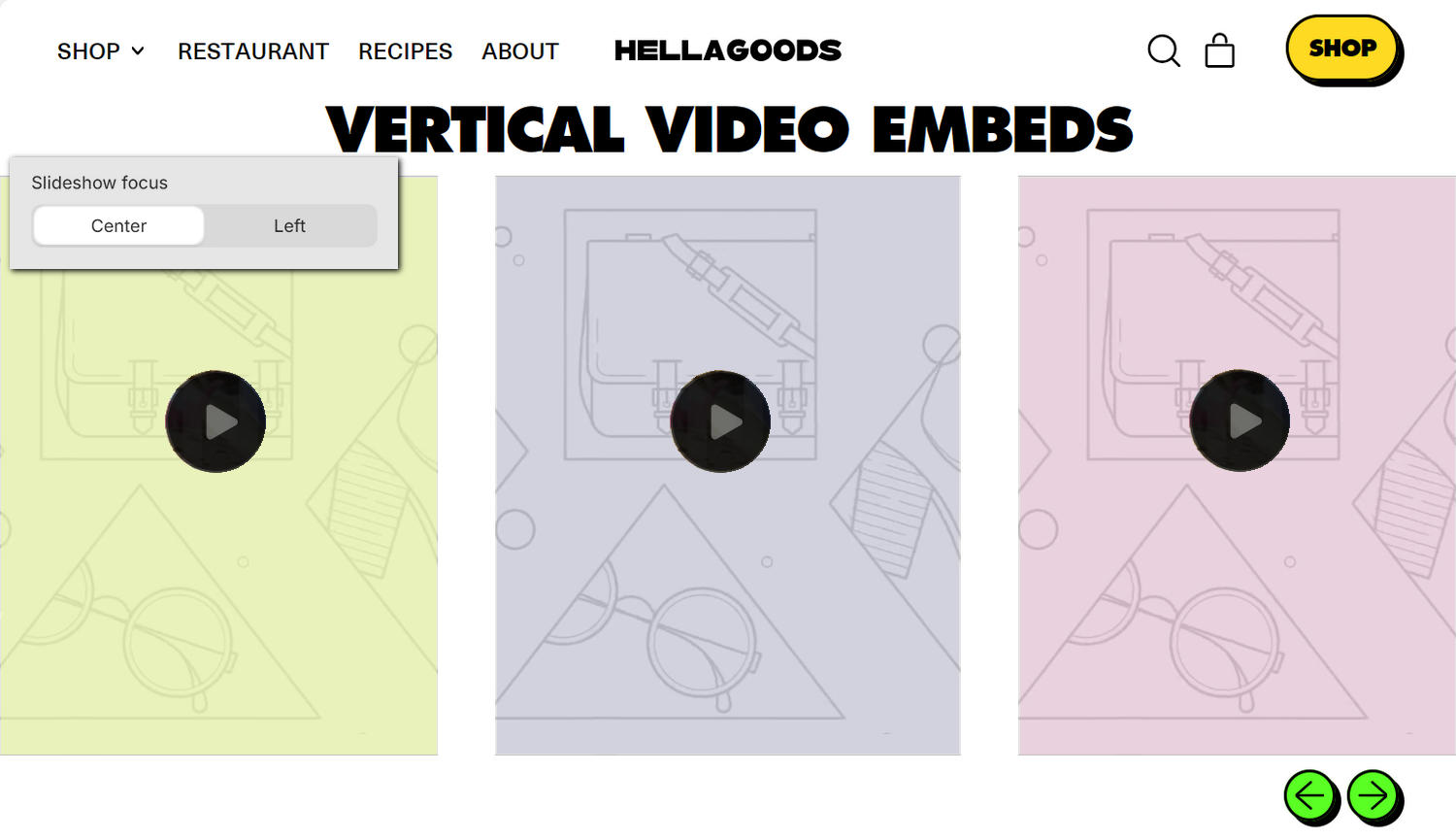 A Vertical video embeds section on a store's home page in Theme editor.