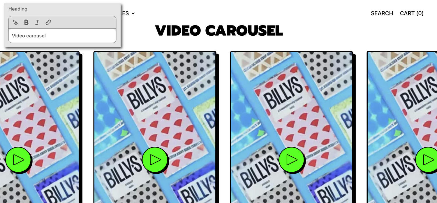 A Video carousel section on a store's home page in the Theme editor.