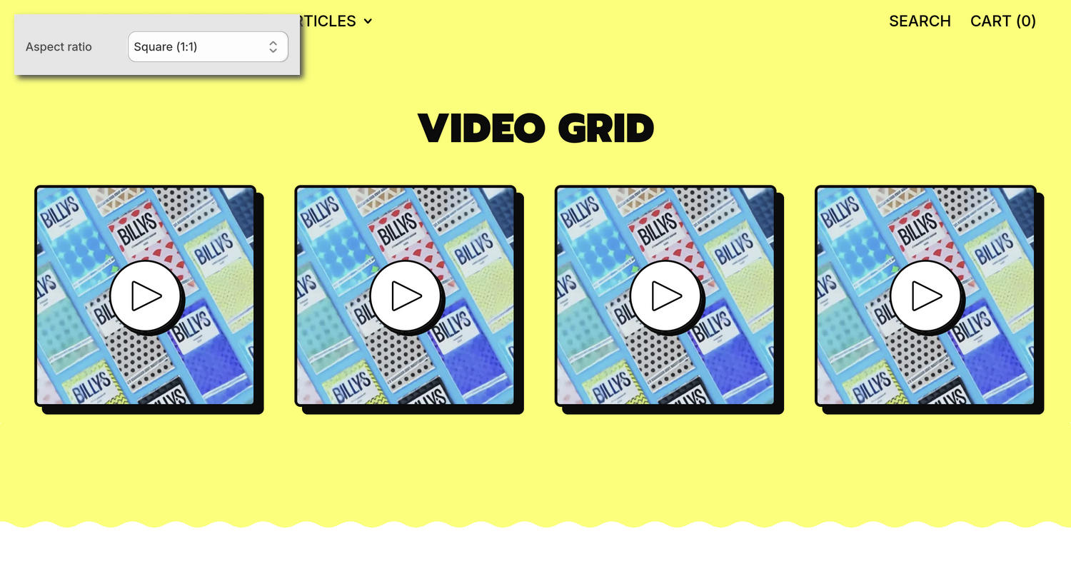 A Video grid section on a store's home page in the Theme editor.