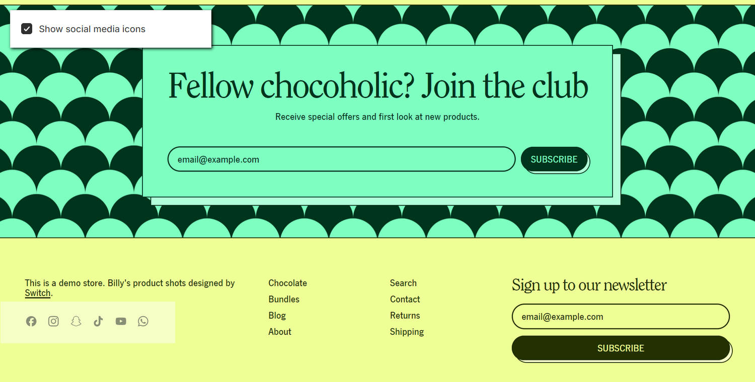 An example Footer section on a store's home page.