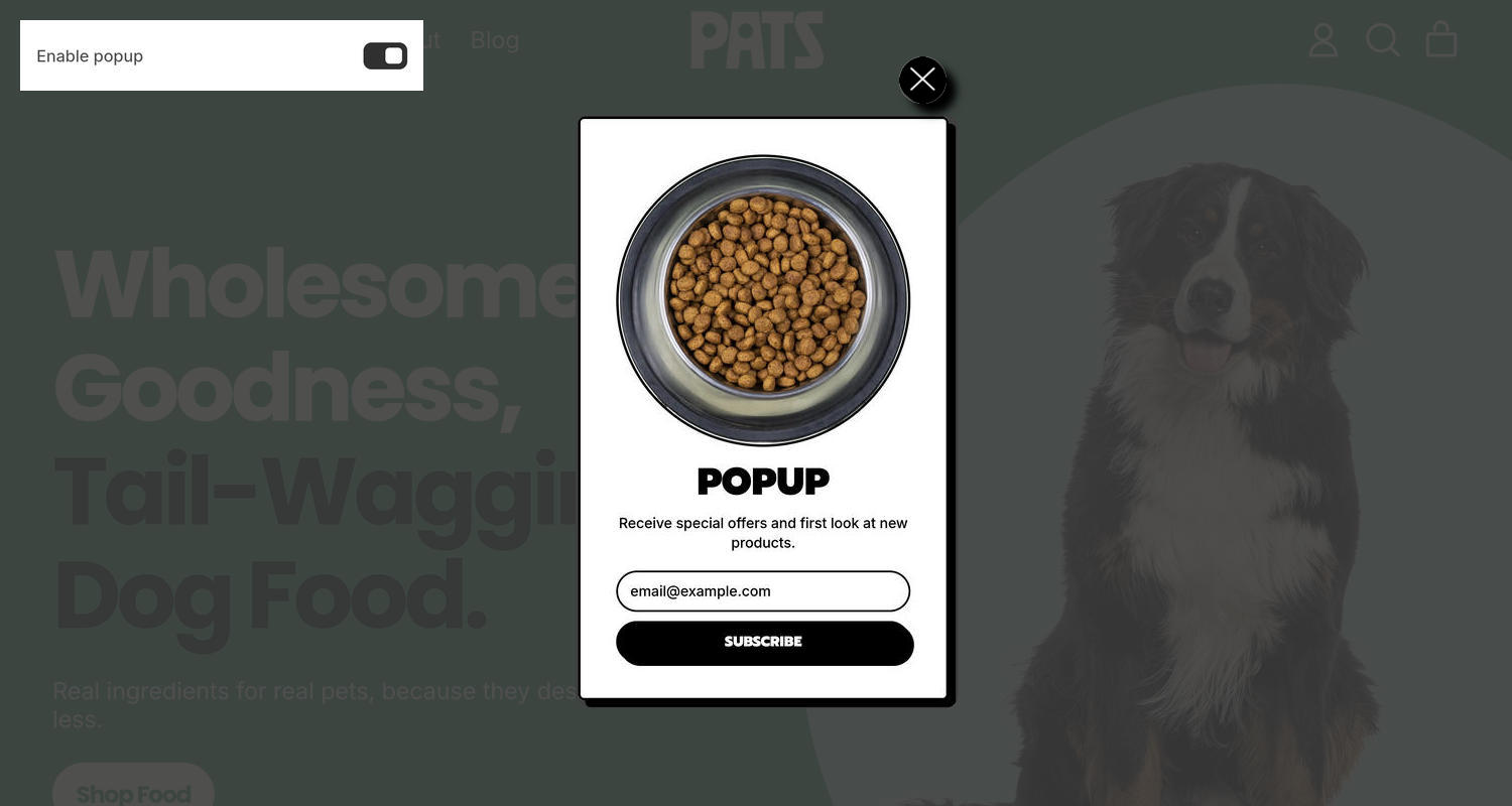 A Popup section on a store's home page in the Theme editor.