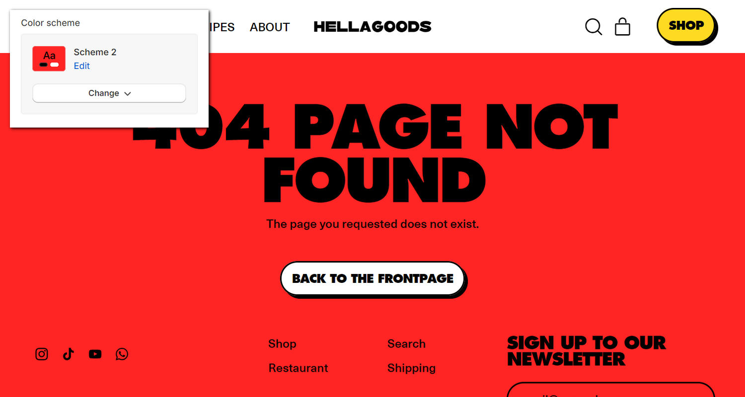 A 404 page section on a store's 404 page in Theme editor.