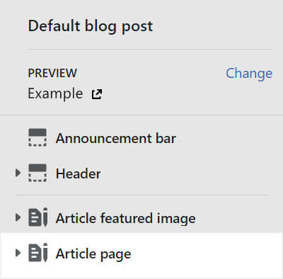 The Article page section selected in Theme editor.