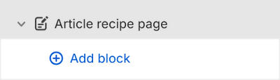 The Article recipe page's Add block menu in Theme editor.