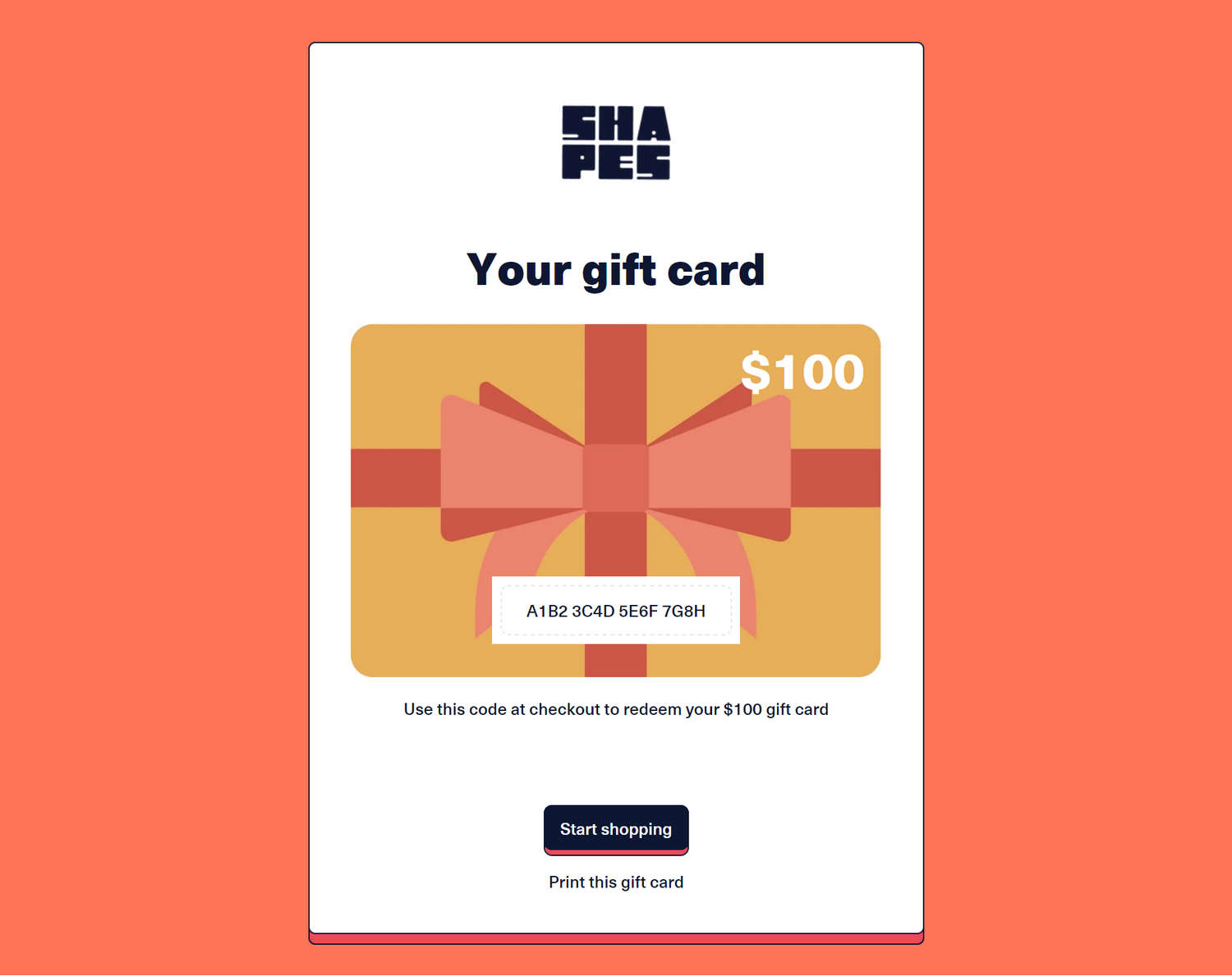 An example Gift card section on a store's Gift card page.