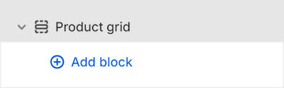 The Product grid's Add block menu in Theme editor.