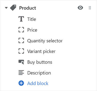 The Product section's Add block menu in Theme editor.