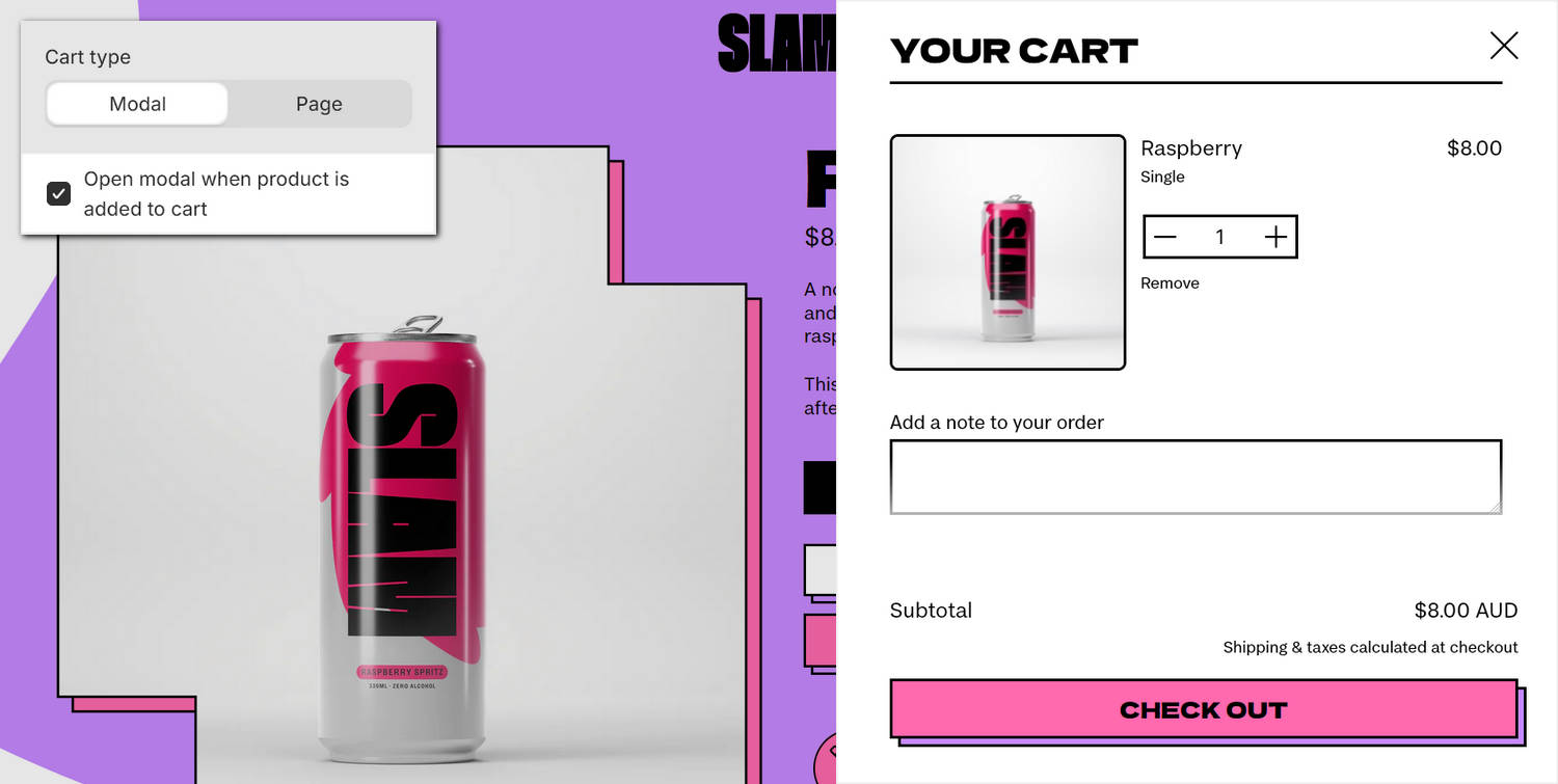 An example store's product page. An example cart modal is displayed on the product page with a product added to the store's cart.