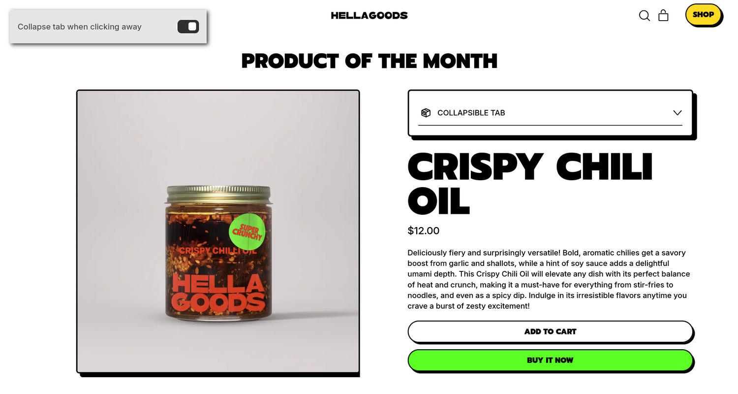 An example store's home page with the Theme setting's Collapsible tabs menu open in the Theme editor.