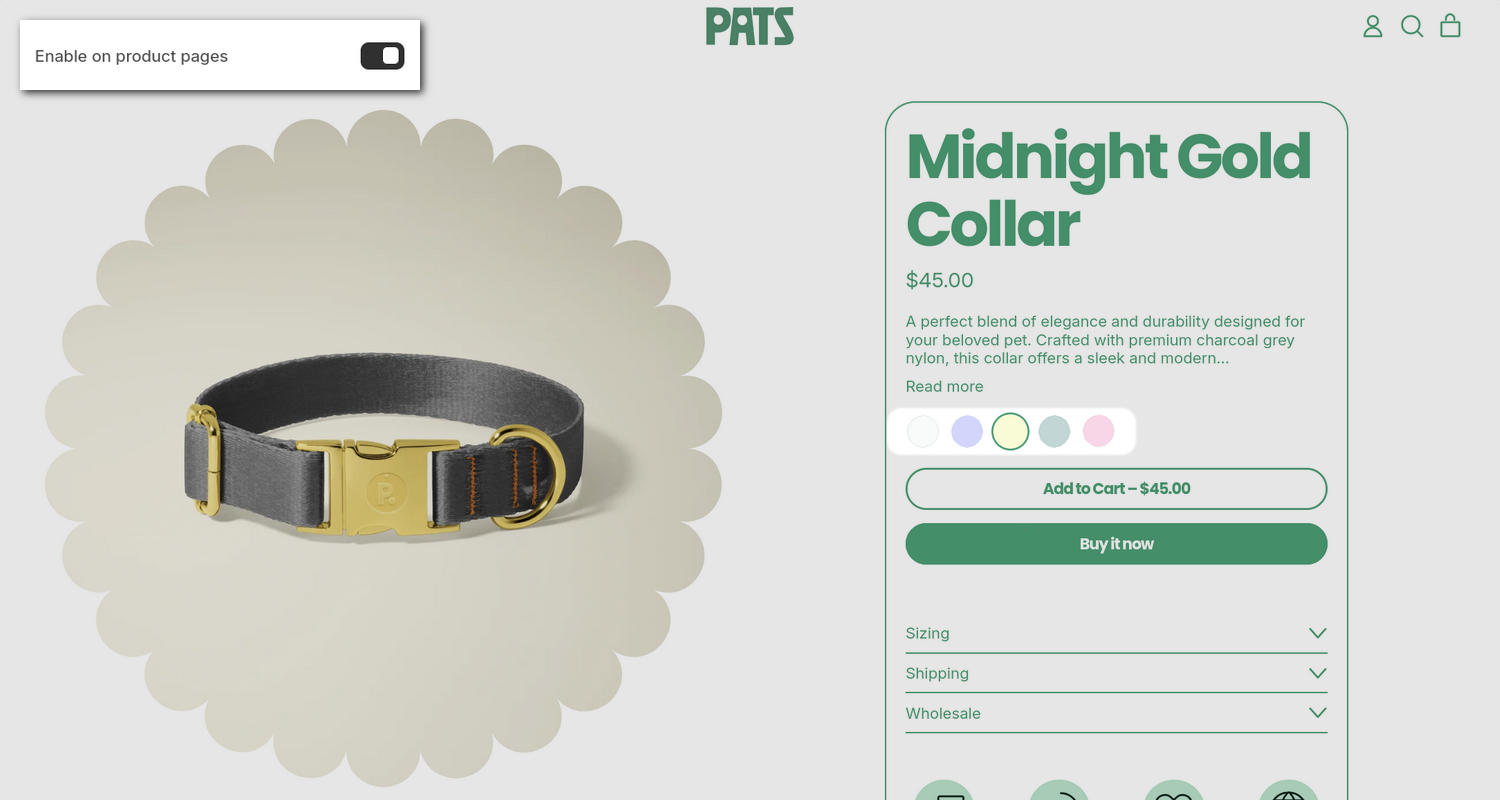 An example store's Product pages section with the Theme setting's Color swatches menu open in the Theme editor.