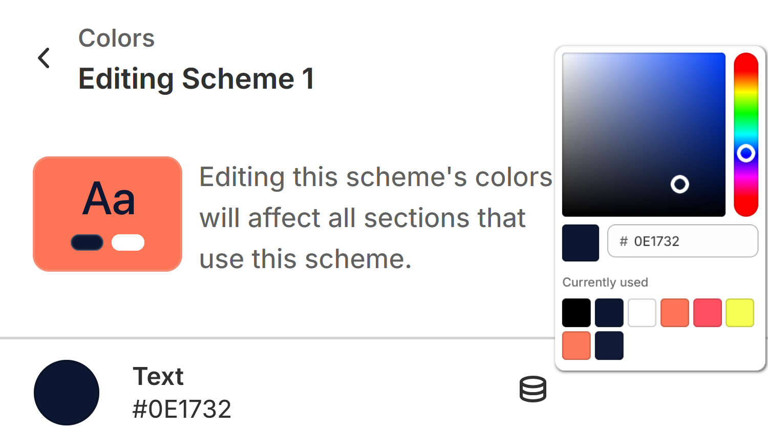 The Scheme 1 color scheme's text color options, inside Theme setting's Colors menu, in Theme editor.