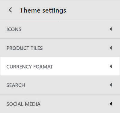 The Currency format menu in Theme settings.