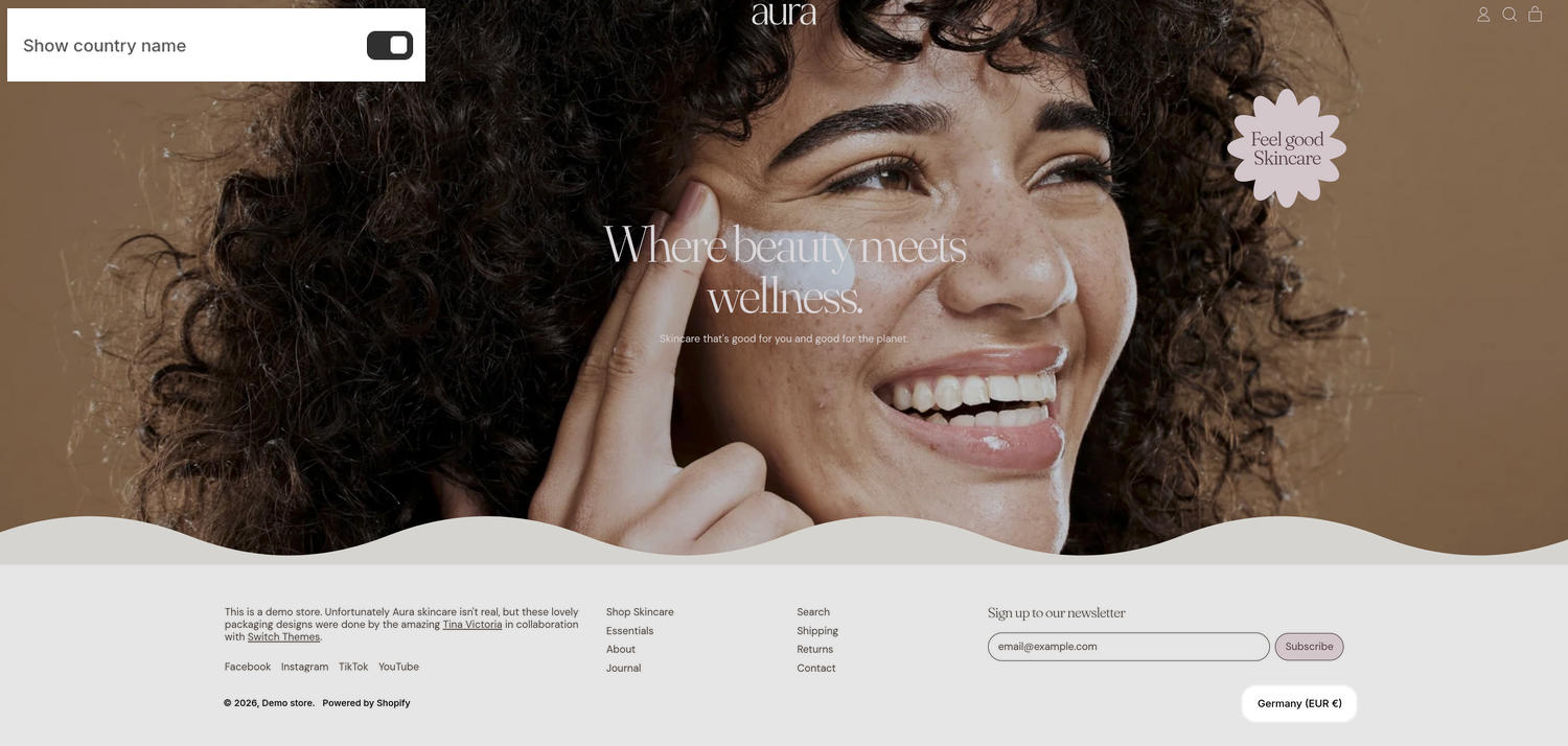 An example store's home page with the Theme setting's Localization menu open in the Theme editor.