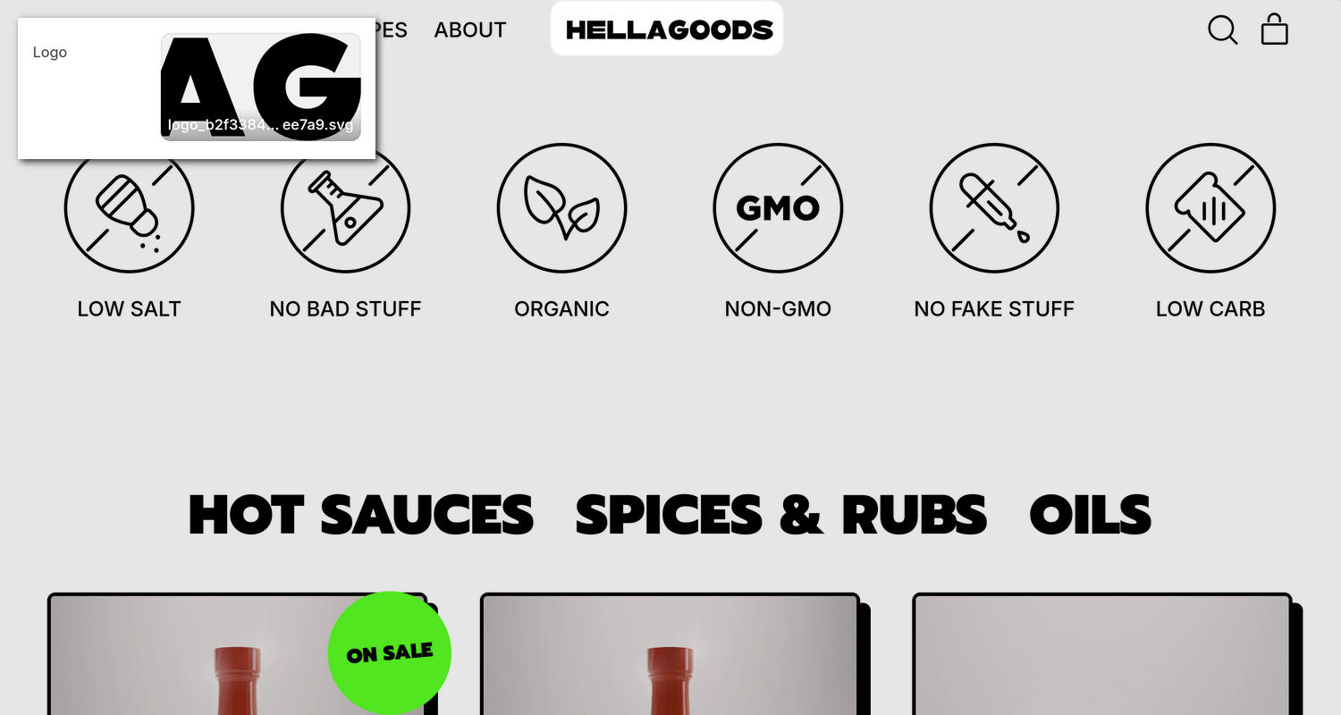 An example store's home page with the Theme setting's Logo menu open in the Theme editor.