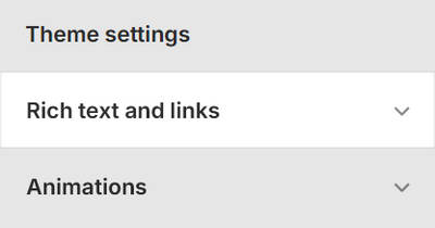 Theme editor's Rich text and links Theme settings menu.