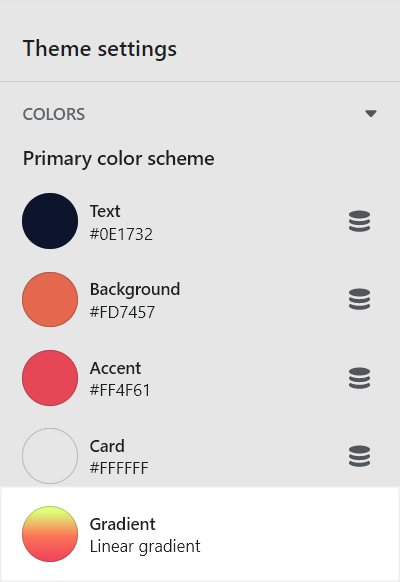 The expanded Colors menu section in theme settings with the Gradient setting selected.