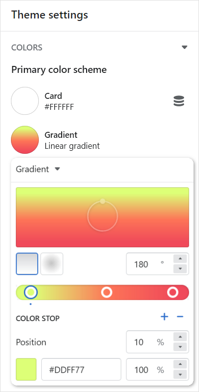 The controls for adjusting the Primary color scheme's gradient in Theme settings.