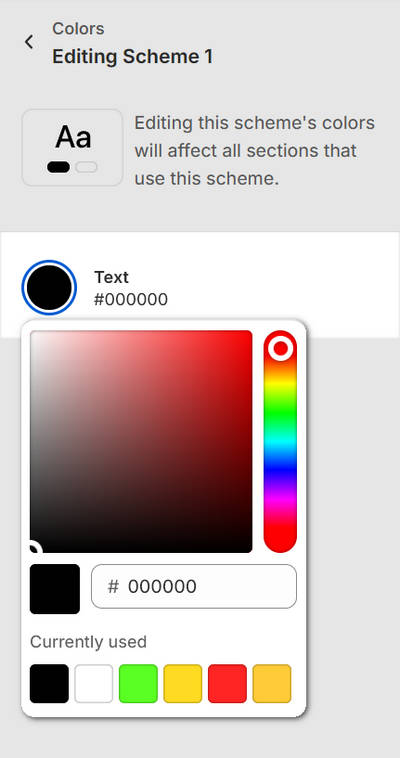 The controls for adjusting the Scheme 1 color scheme's text color in Theme settings.