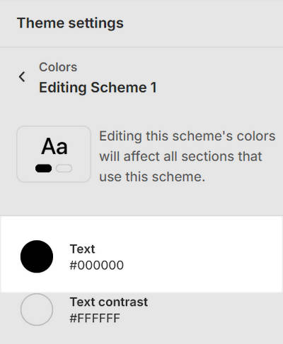 The expanded Colors menu section in theme settings with the Text setting selected.