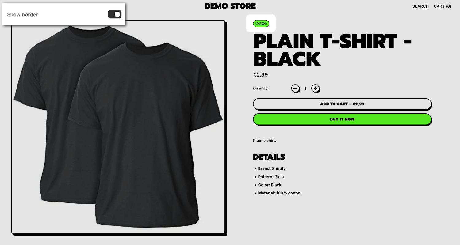 An example store's Default product page with the Product pages section and the Theme setting's Tags menu open in the Theme editor.