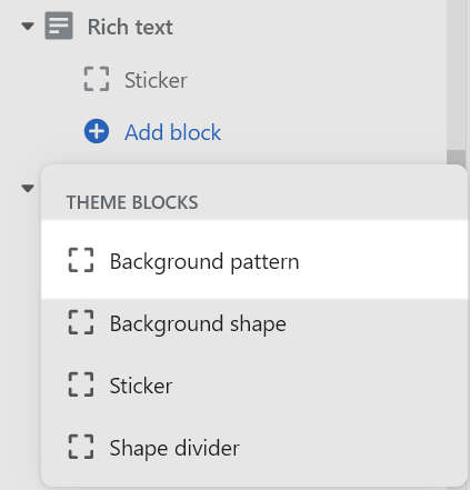 A Background pattern block added to a Rich text section in Theme editor.