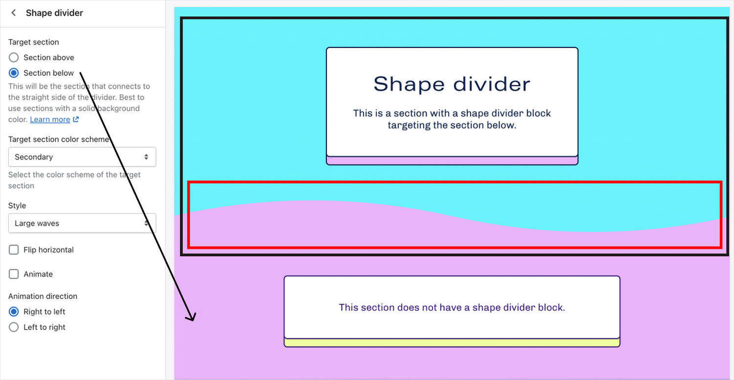 An example of a Shape divider targeting the section below the block.