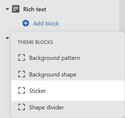 A Sticker block added to a Rich text section in Theme editor.