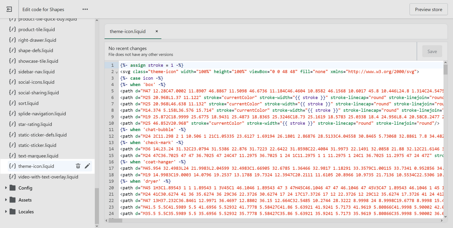 The theme-icon.liquid file in Code editor.