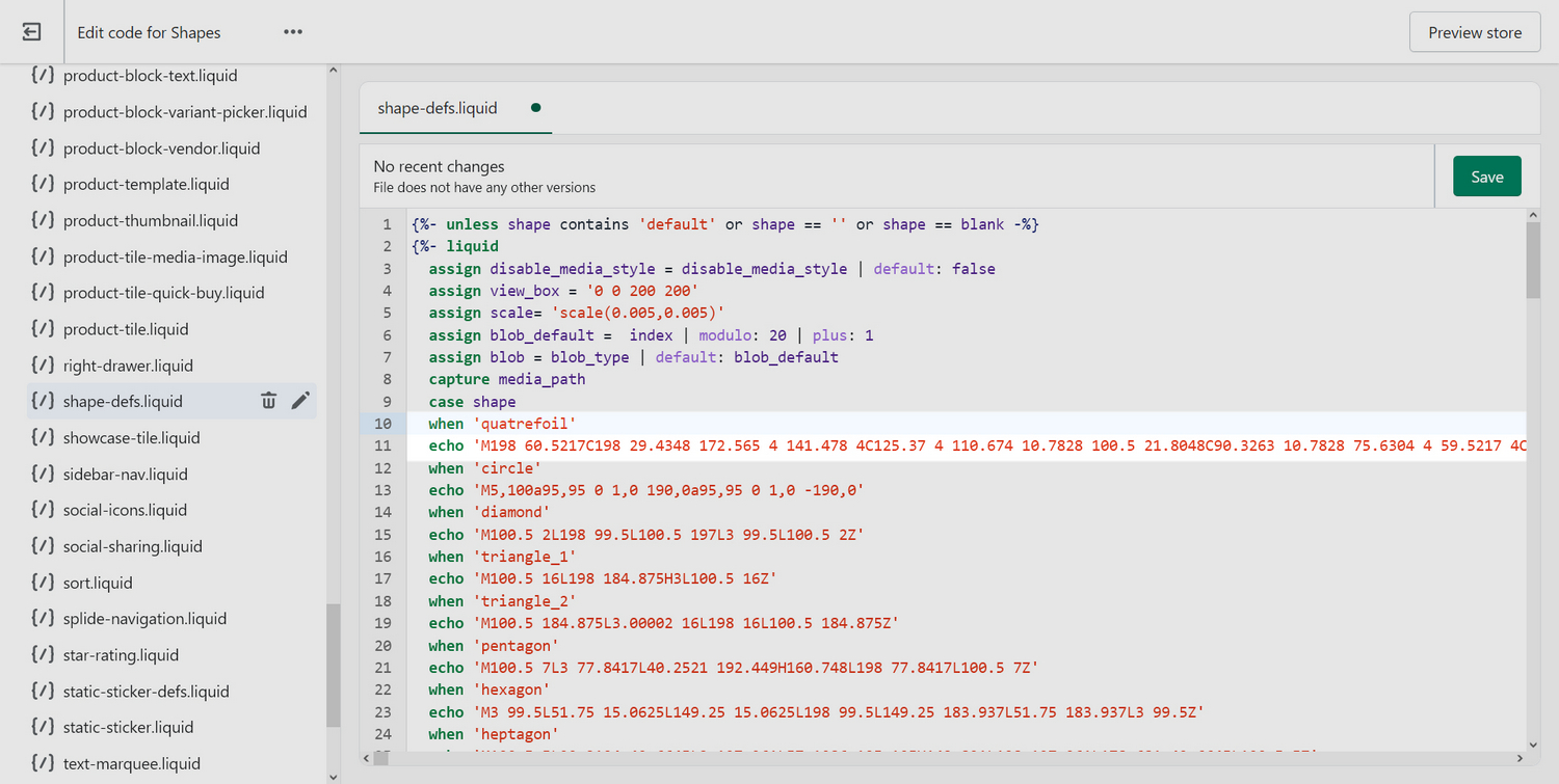 Code for an example custom shape added into the Shape defs file in Code editor.