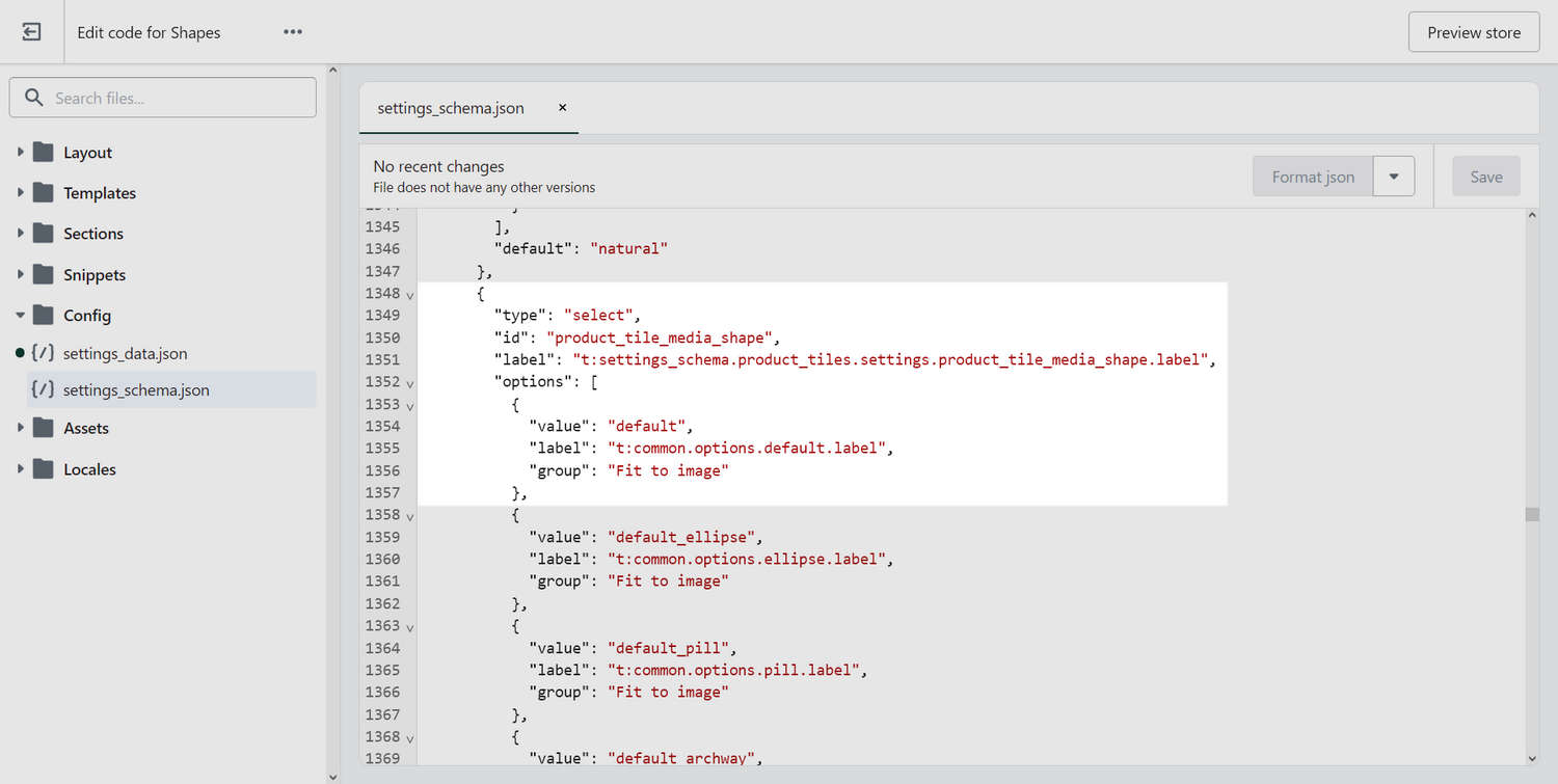 The Product_tile_media_shape definition in the settings_schema.json file selected in the Code editor.