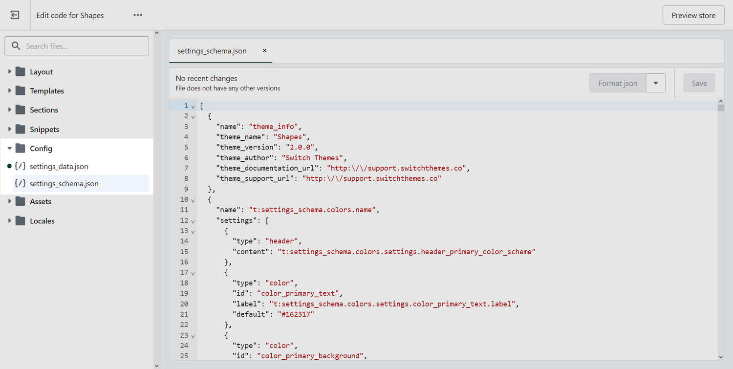 The settings_schema.json file selected in the Code editor.