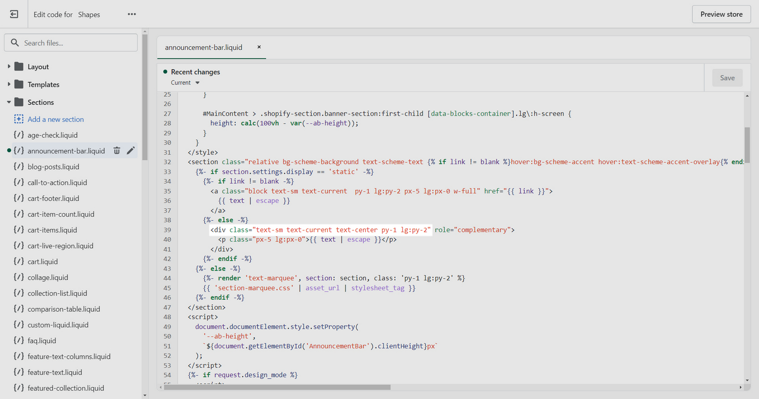 Code editor with the Liquid template open for the Announcement bar
section.