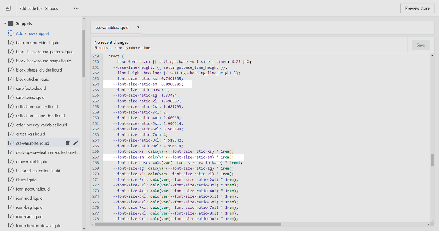 Code editor with the file css-variables.liquid open, with the default
value set for the variable --font-size-ratio-sm.