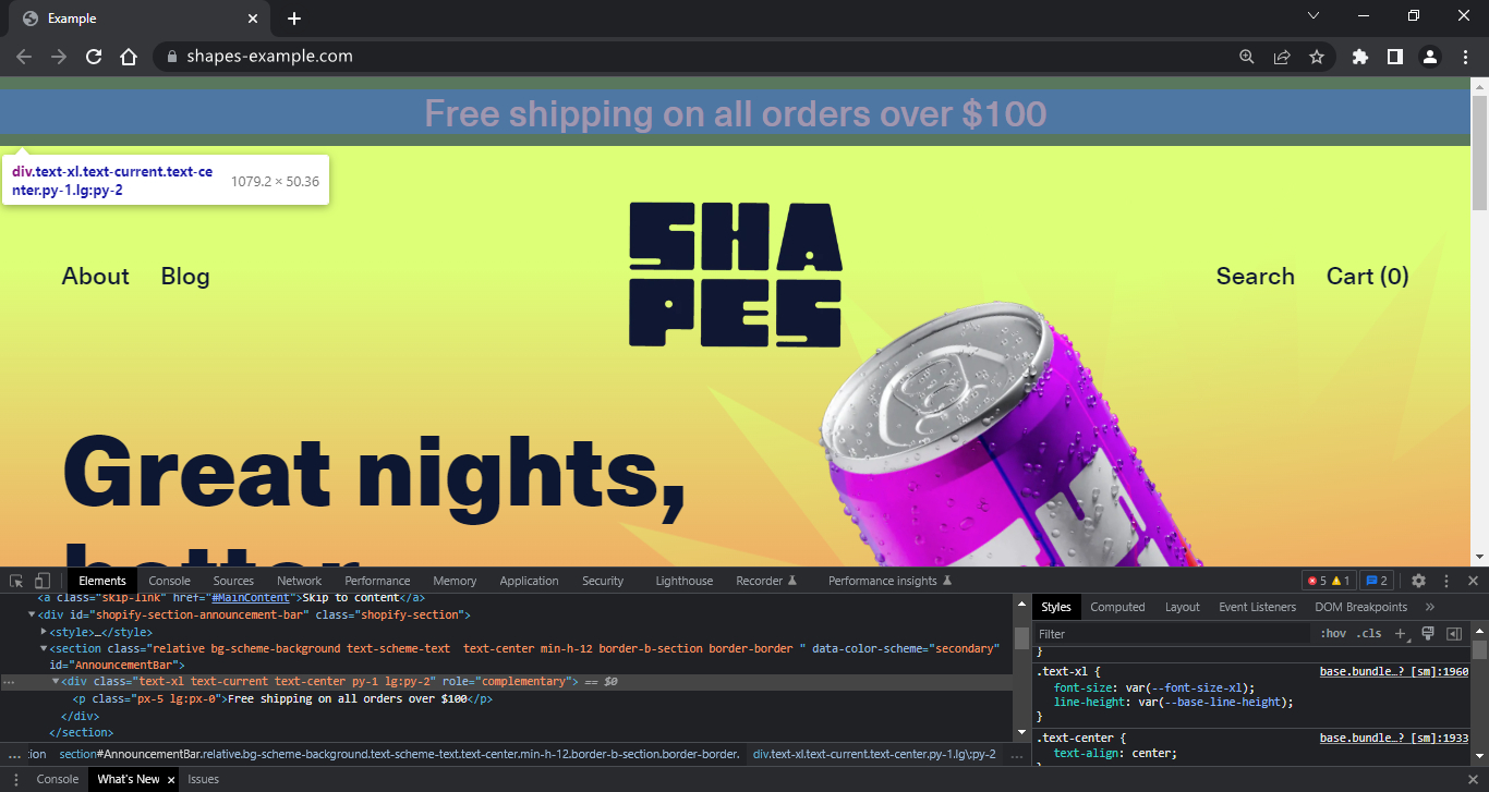 Homepage for Shapes' Neon demo store with an updated div element
selected in Web inspector.