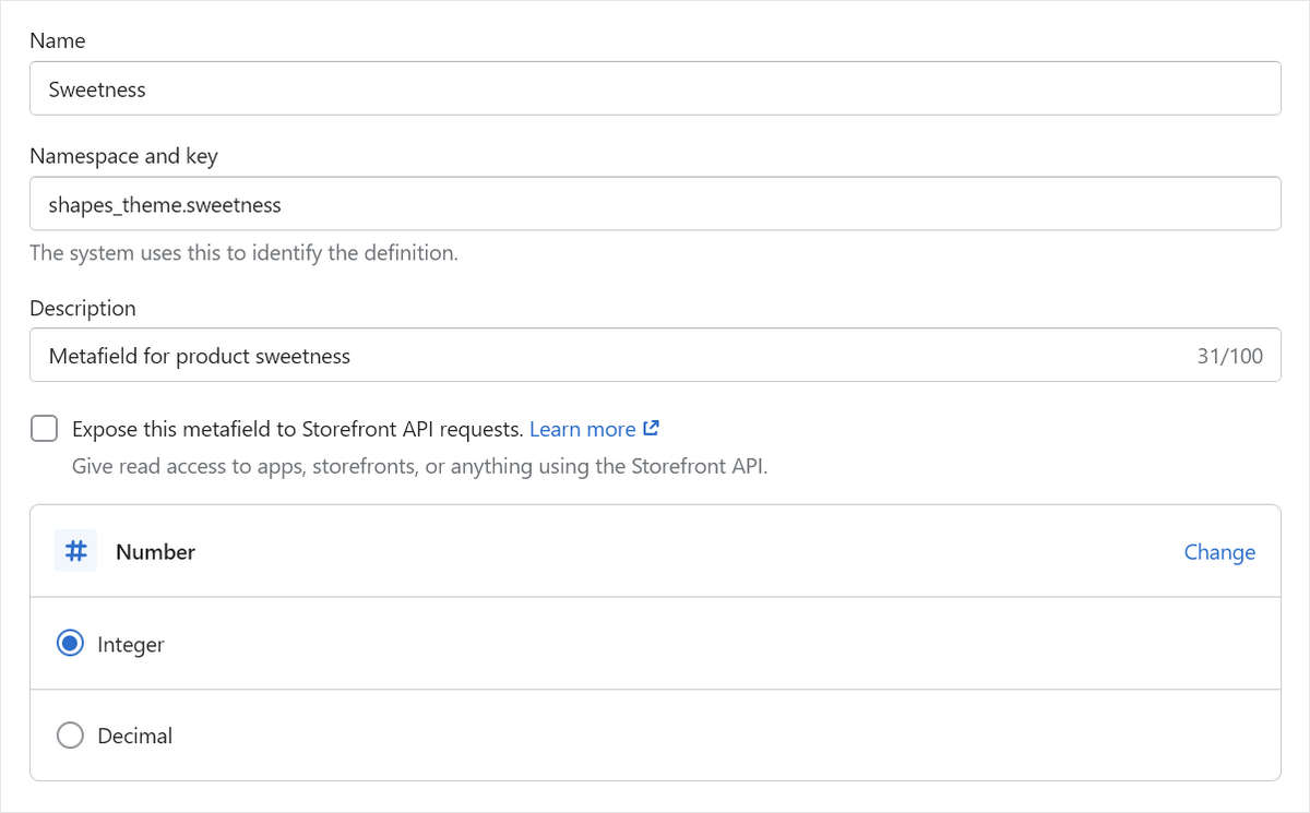 Example of the metafield settings for an integer in Shopify admin.