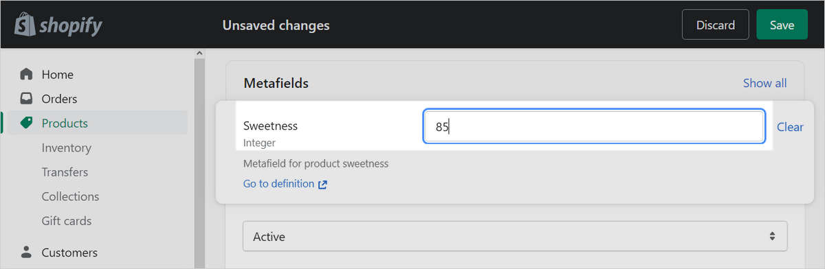 Example values in the metafields area of a Product page in Shopify admin.